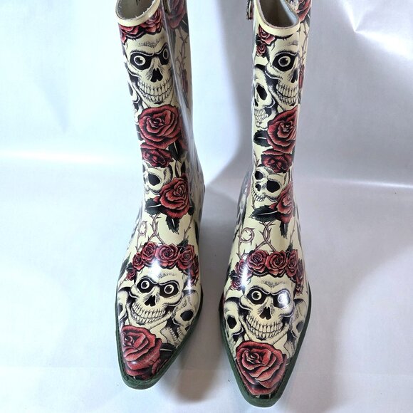 Nomad Yippy Skull & Roses Rubber Cowboy Rain Boots Size 8 - Picture 3 of 5